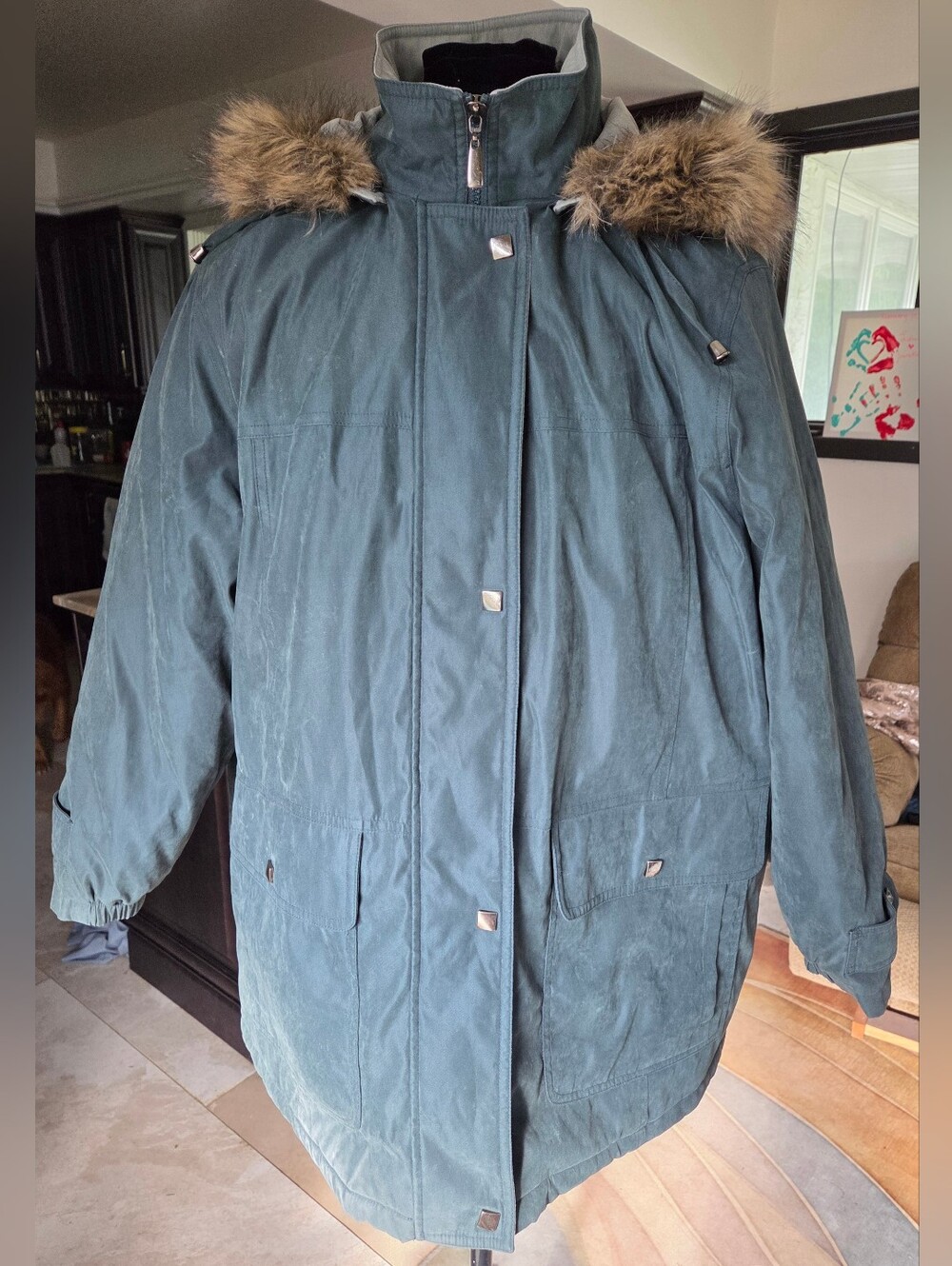 Womens Teal Winter Jacket with Faux-Fur Trim Hood